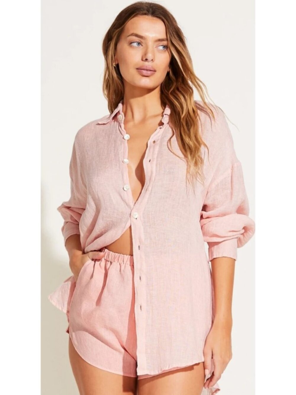New Vitamin A Playa Linen Pink Blouse Womens M Long Sleeve Button Up